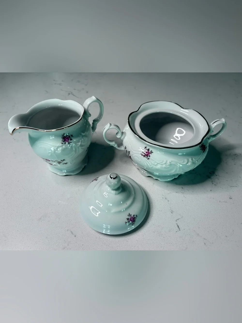 Vintage Wakbrzygh Poland Rose Sugar Bowl & Creamer Set